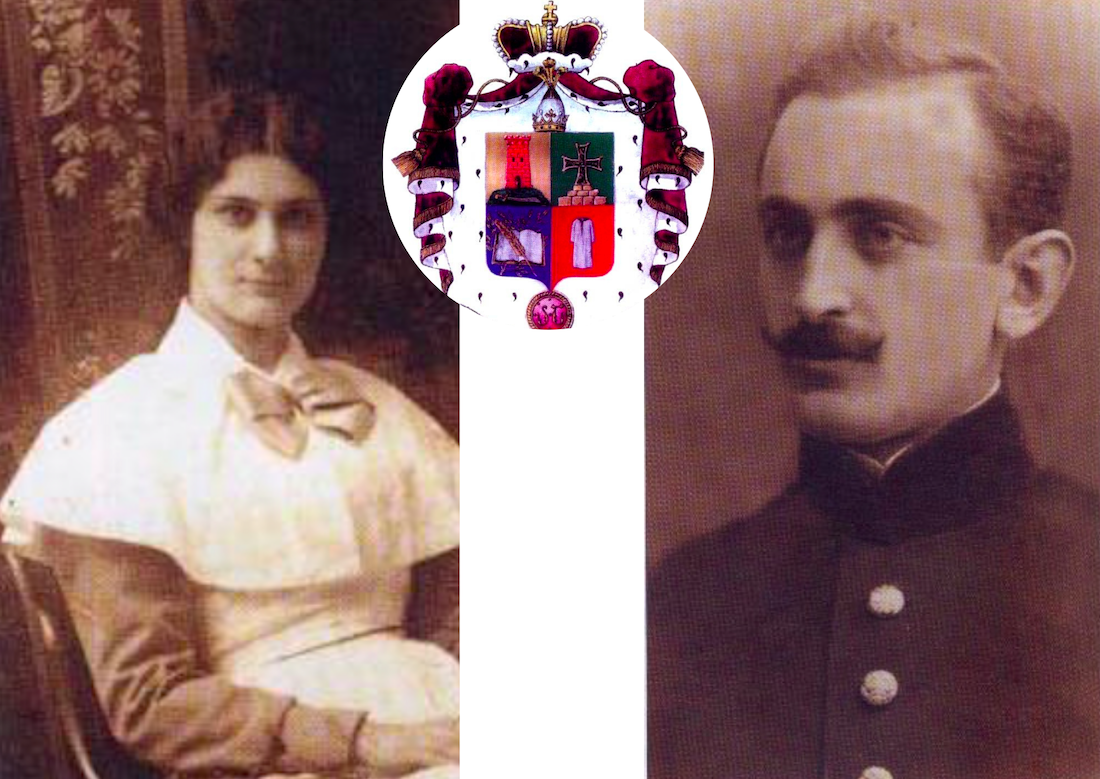 Mariam Nakashidze (L), the coat of arms of the House of Amirejibi (C), and Irakli Amirejibi (R). Credit to Burusi/BRAMS