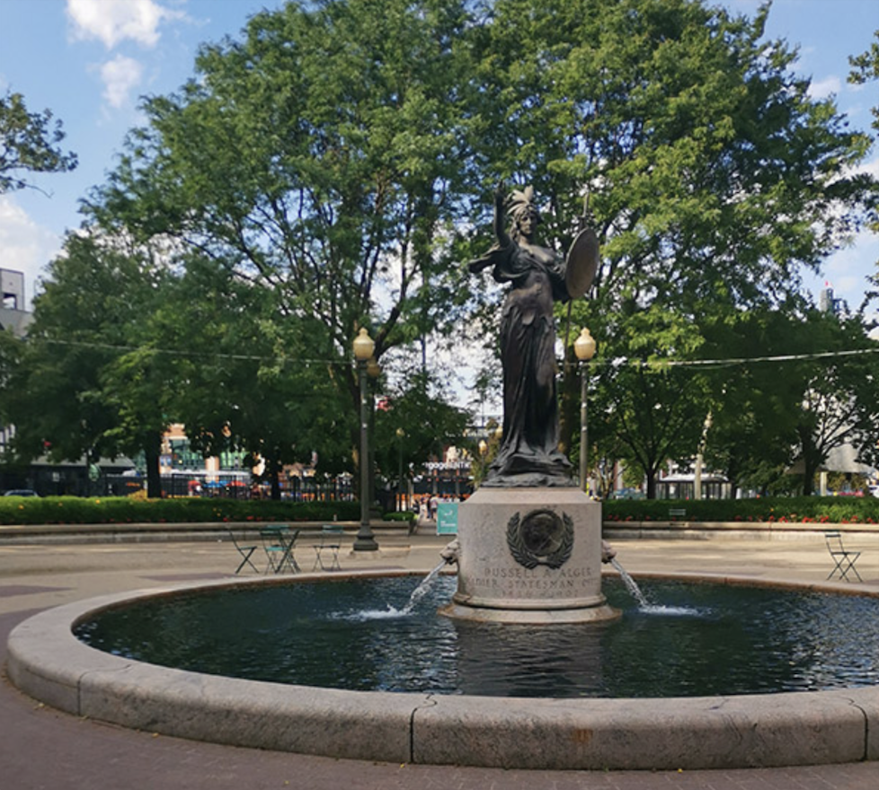The Russell Alger Memorial (1921) with a female personification of Michigan, Grand Circus Park in Detroit