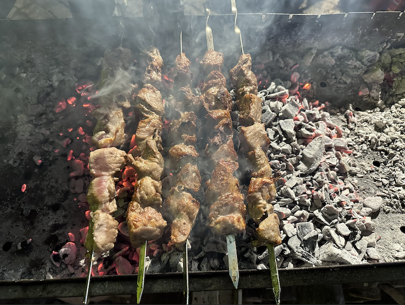 Barbecued pork chops on skewers for 15 gel. Credit to MaiN