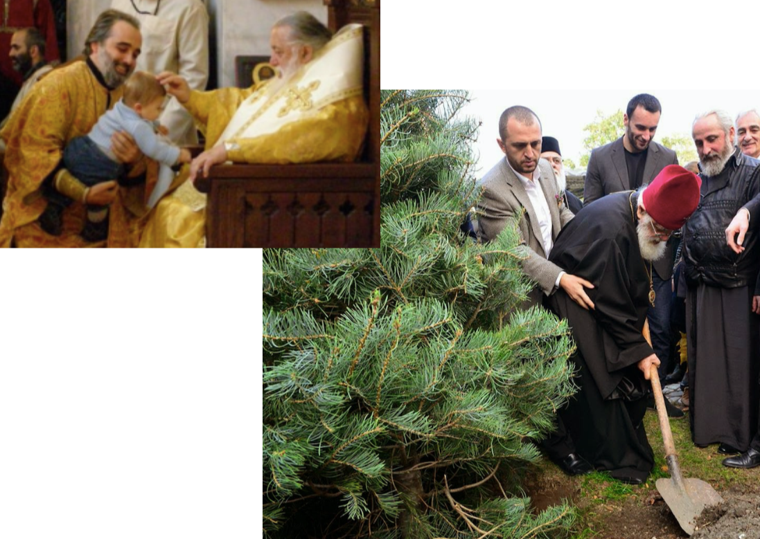 Elijah II of Georgia baptising one of his godchildren (L). Elijah II of Georgia gives an example to take care of our planet and its nature (R). Credit to News Day Georgia/Shin Georgia/BRAMS