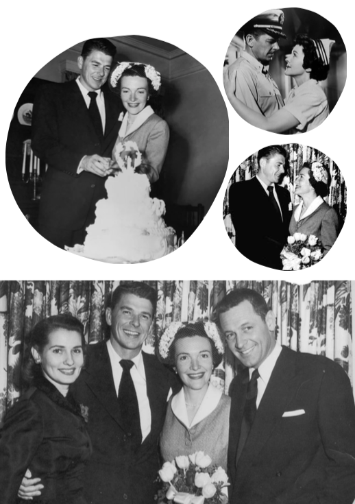 Ronald Reagan and Nancy in the film Hellcats of the Navy. Then, on their wedding day on 4 March 1952 with Brenda Marshall (bridesmaid) and William Holden (best man). Credit to BBC/Getty Images/BRAMS