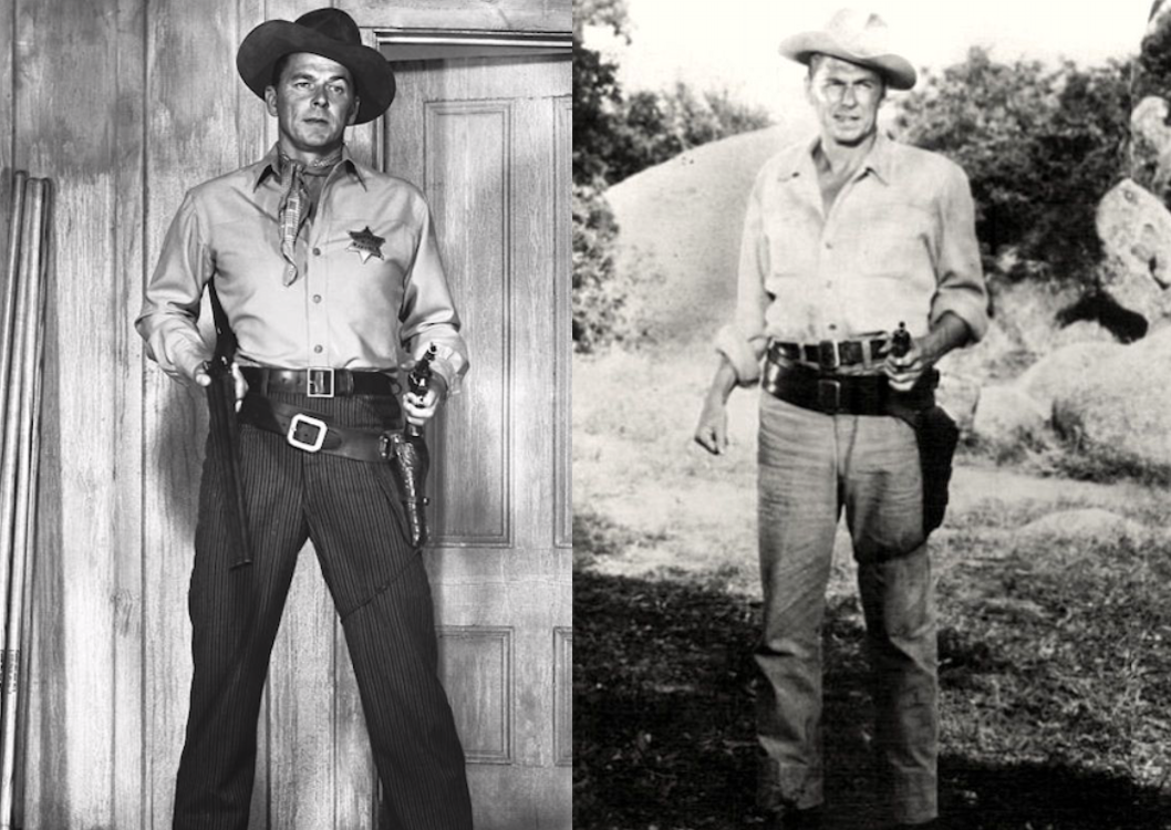 Ronald Reagan acting as a sheriff and as a cowboy in the films. Credit to Getty Images/BRAMS