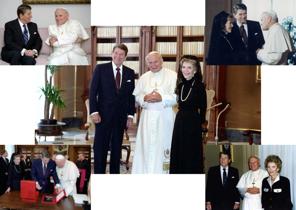 President Ronald Reagan and Nancy Reagan meet with Pope John Paul II on 7 June 1982, on 2 May 1984, and on 19 September 1990. Credit to White House Photographic Collection/US Embassy/Reagan Foundation and Institute/BRAMS